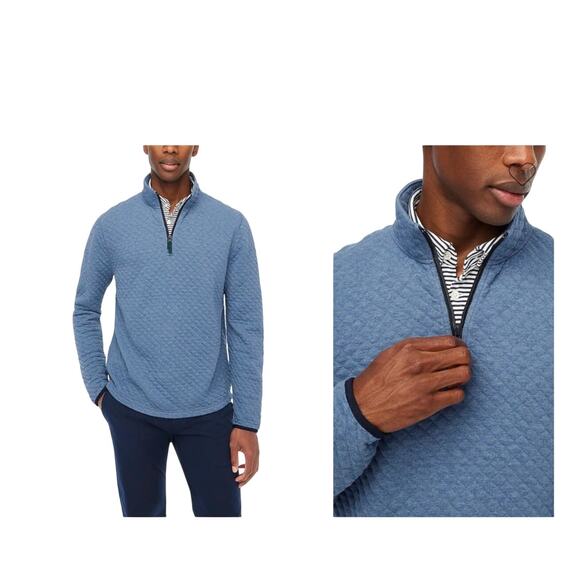 J. crew Mens quilted long sleeve quarter zip preppy cotton blue shirt Mens large - Picture 1 of 10
